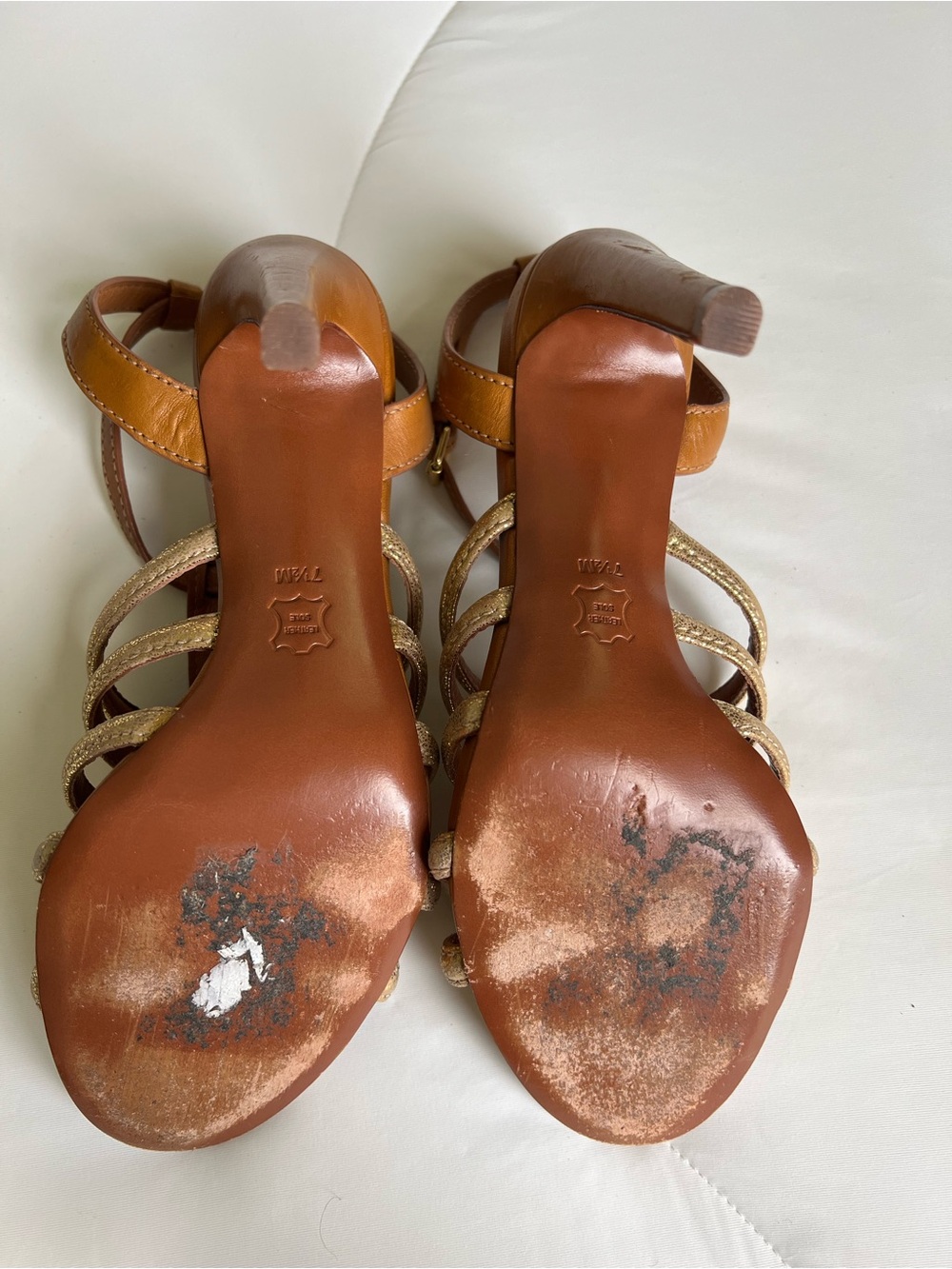 Tory Burch Leather Charlene Women's Tan and Gold Gladiator Heel Sandals size 7.5 - Picture 8 of 9